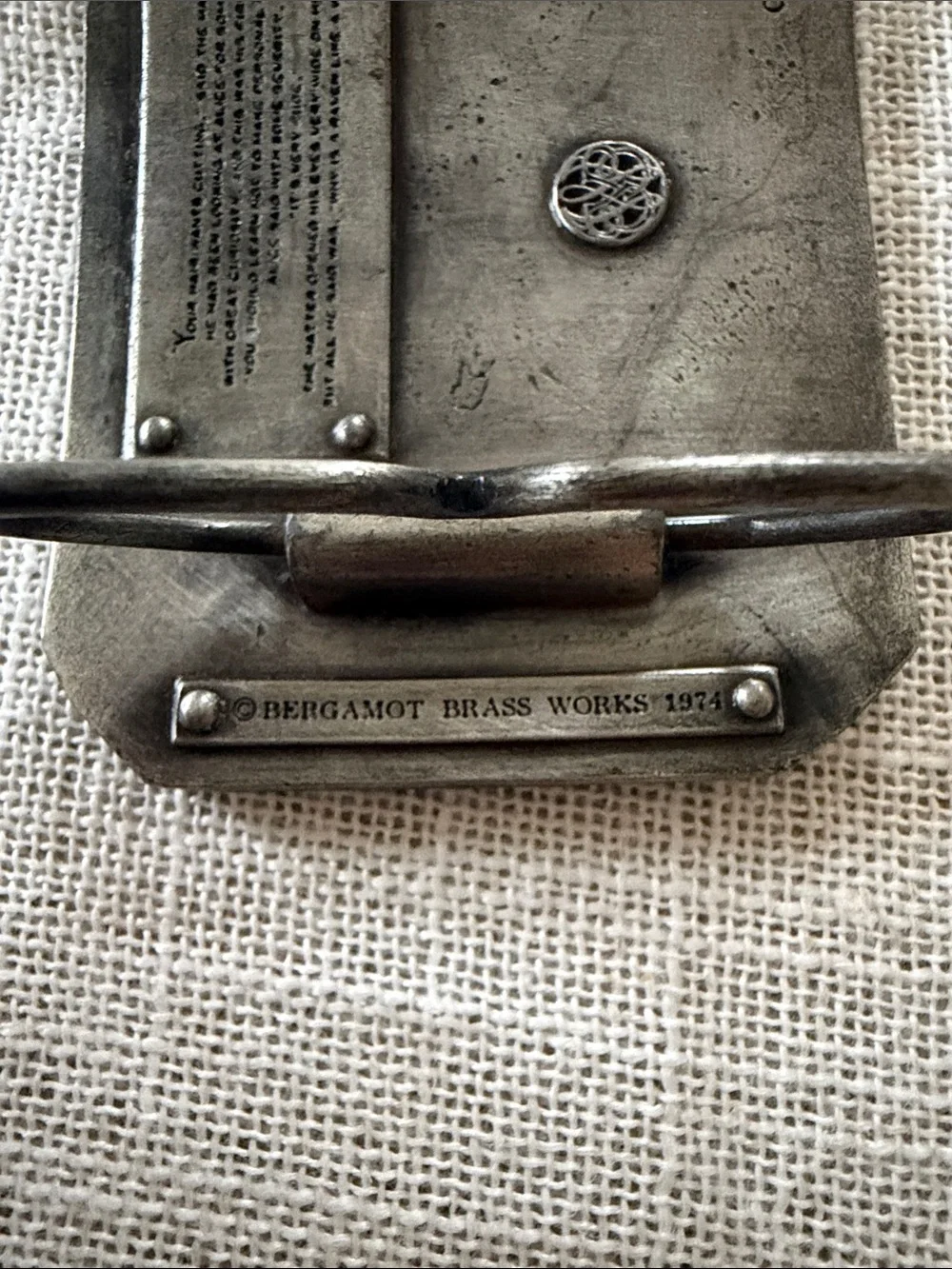 Vintage Bergamot Brass Works Mad Tea Party Metal Belt Buckle - 1974 w/ inscribed